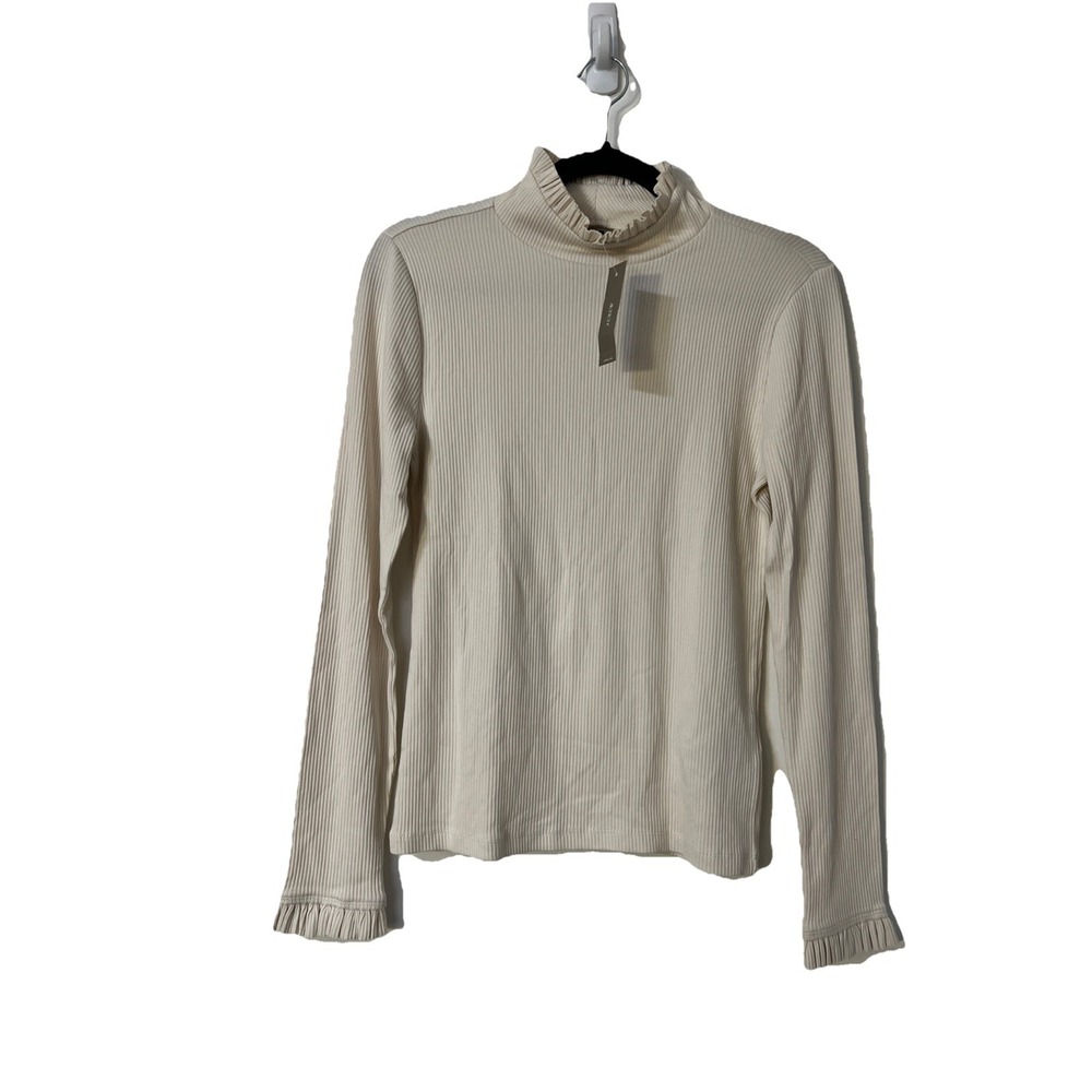 J.Crew Black Label Vintage Ribbed Ruffle Mock Neck Sweater Top M Cream NWT Layer